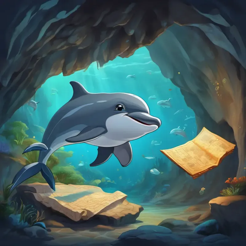 In the dark cave, A playful dolphin with a sleek gray body and bright, friendly eyes's excitement grows as she discovers the ancient map.