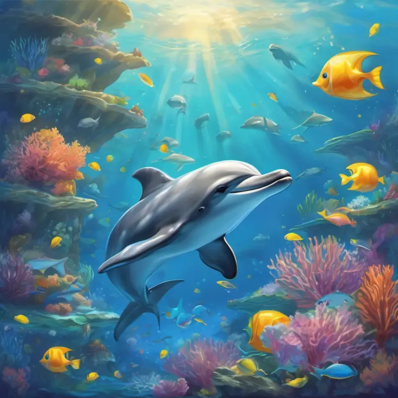 Surrounded by the treasure-filled reef, A playful dolphin with a sleek gray body and bright, friendly eyes's eyes sparkle with wonder and joy.