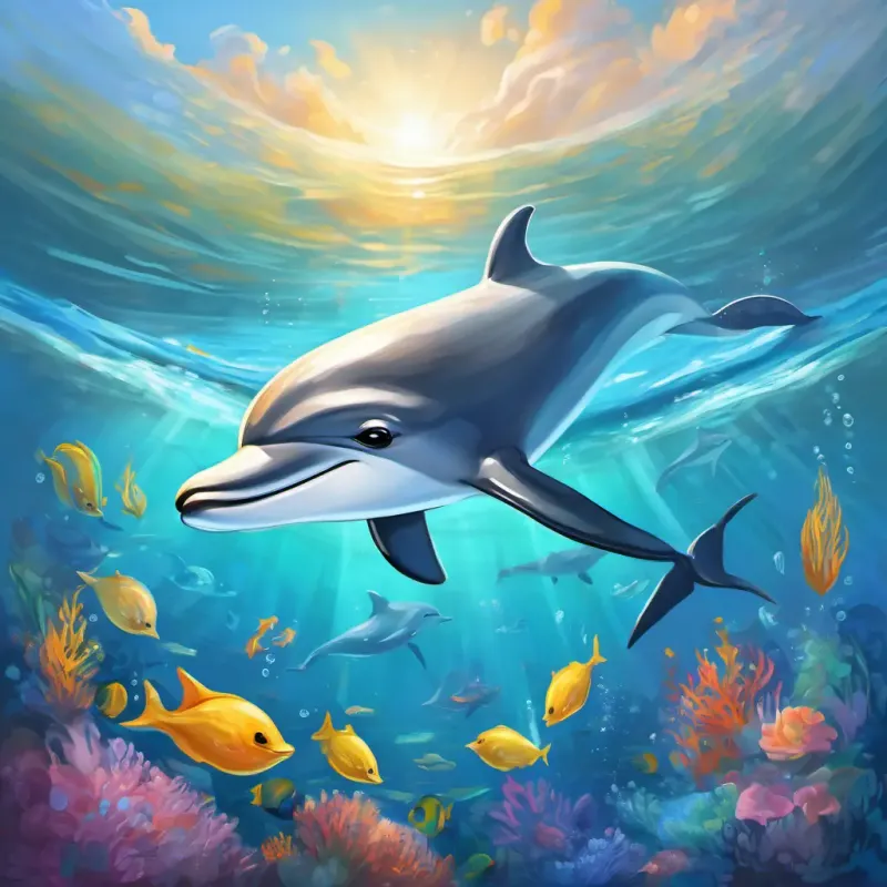 In the ocean's embrace, A playful dolphin with a sleek gray body and bright, friendly eyes smiles, knowing the true treasure lies within her brave and loving spirit.