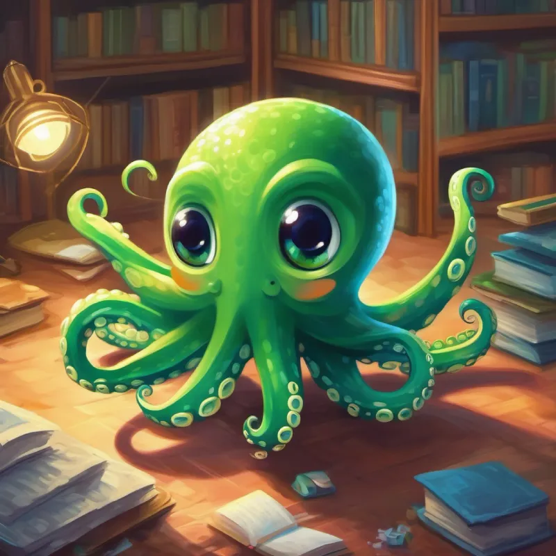 A green octopus with twinkling eyes and a friendly smile brings joy and whimsy to the office with his graceful dancing and literary flair.