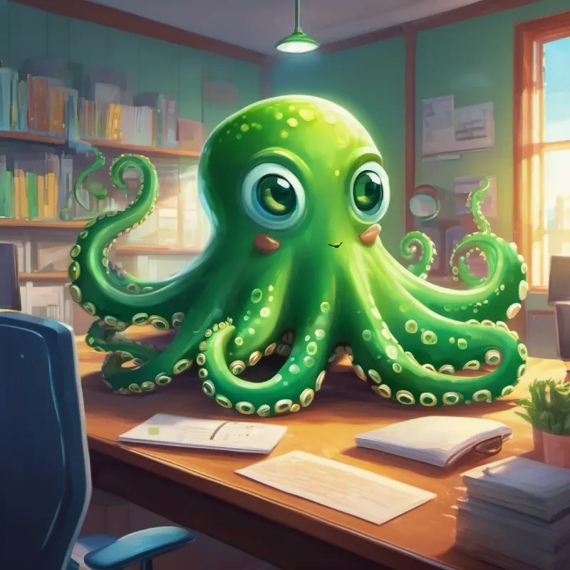 The lasting impact of A green octopus with twinkling eyes and a friendly smile's presence in the office, creating a fun and playful environment.