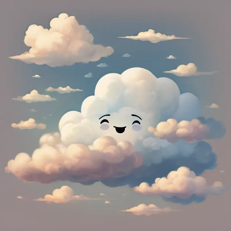 a small, cartoon cloud with a sad face, floating amongst larger clouds
