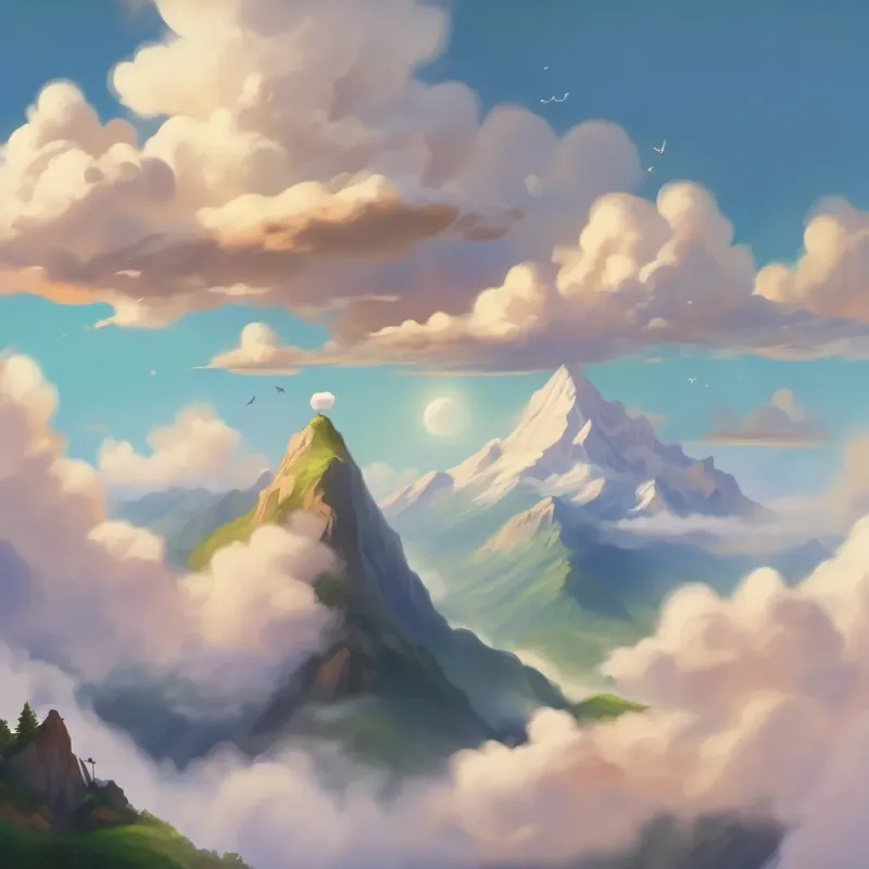 the small cloud flying over a mountain range, smiling