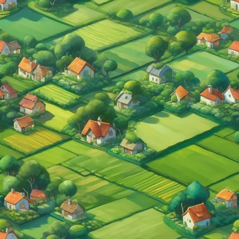 aerial view of a patchwork of green fields and tiny houses, with the small cloud above