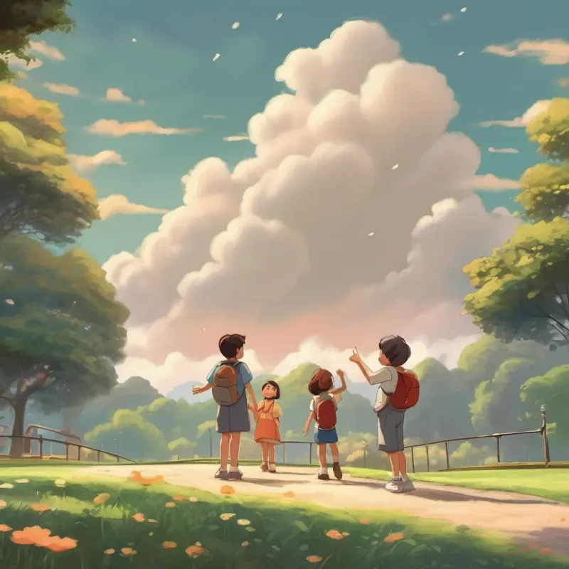 children in a park pointing up at the small cloud, some laughing