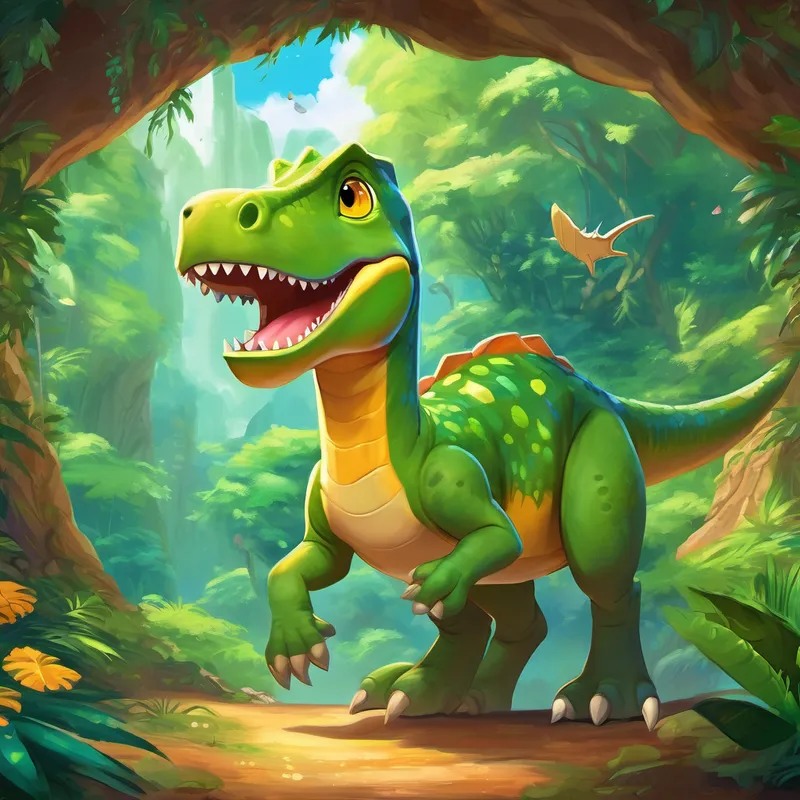 Once upon a time, in a land filled with lush green forests, there lived a friendly and adventurous dinosaur named Dino. Dino was no ordinary dinosaur; he dreamt of exploring the endless wonders of space. One beautiful sunny day, Dino found a shiny golden spaceship hidden deep within a hidden cave. As he approached it, the spaceship seemed to call out to him with a mysterious sparkle. With his heart filled with excitement, Dino climbed aboard, ready to embark on a grand intergalactic adventure.