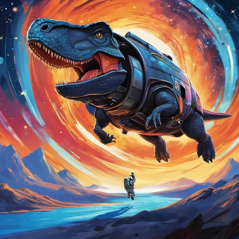 As the spaceship roared to life, Dino strapped himself in and blasted off into the clear blue sky. The force of the takeoff made Dino giggle with delight as he felt the incredible power of the spaceship underneath his feet. In no time at all, Dino reached the vastness of outer space. As he sailed among the shining stars, Dino's eyes grew wide in awe. He had never seen anything more magnificent in his entire life! Stars twinkled like diamonds, and colorful nebulas painted the canvas of black space. Dino couldn't contain his joy and let out a big, booming roar that echoed through the universe.