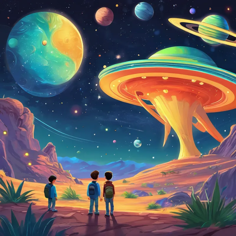 But his adventure wasn't over yet. As he ventured further into space, Dino came across a group of friendly aliens. They were small, with big sparkling eyes, and each had a different color skin. The aliens welcomed Dino warmly, excited to meet such an extraordinary visitor from Earth. Together, they explored distant planets, flying through the colorful rings of Saturn and witnessing the dazzling beauty of a meteor shower. Dino even helped the aliens plant seeds on a faraway planet, spreading life across the galaxy.