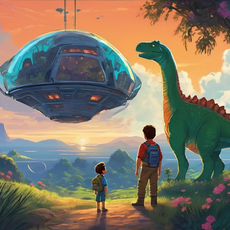 As the days turned into nights aboard the spaceship, Dino started to miss his family and friends back home. He realized that no matter how thrilling space might be, the love and warmth of his loved ones were irreplaceable. The aliens understood Dino's feelings and offered to take him back to Earth. With a bittersweet goodbye to his newfound alien friends, Dino made his way back home. The spaceship touched down gently in a meadow, surrounded by tall grass and colorful flowers. Dino was filled with gratitude and excitement to share his incredible space adventure with all his loved ones.