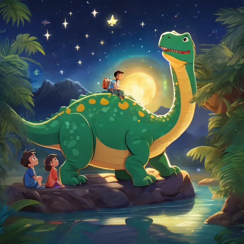 From that day forward, Dino could often be heard sharing his bedtime stories with the other dinosaurs, inspiring them to dream big and follow their passions, just like he did. And every night, before closing his eyes, Dino would gaze up at the stars, knowing that the wonders of the universe would always be with him in his heart. And so, dear little one, the story of Dino's space adventure reminds us to dream big, explore with open hearts, and appreciate the love and warmth of those who make our journey through life extraordinary. Now, close your eyes and drift off to sleep, knowing that magic awaits you in your dreams. Goodnight!