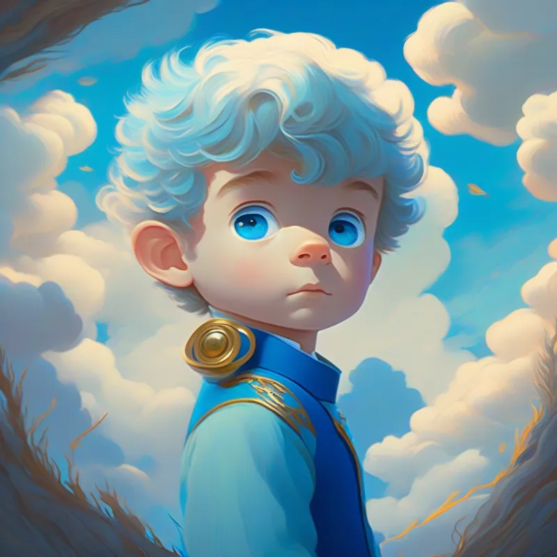 Un Un piccolo principe biondo con capelli biondi e occhi blu. biondo in un mondo fantastico.