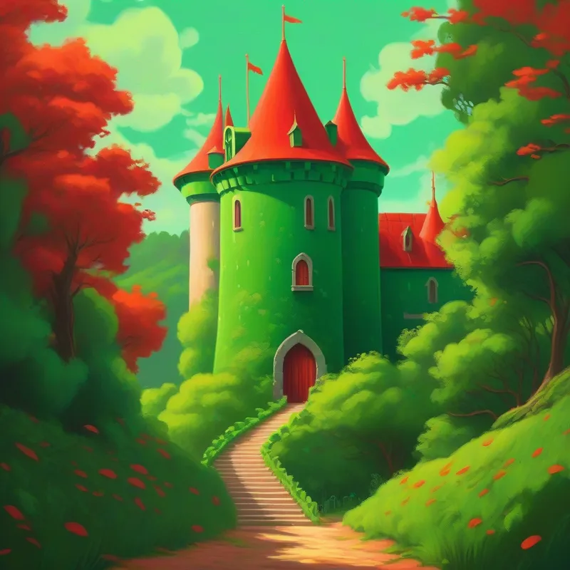 Un pianeta verde con un piccolo castello rosso.