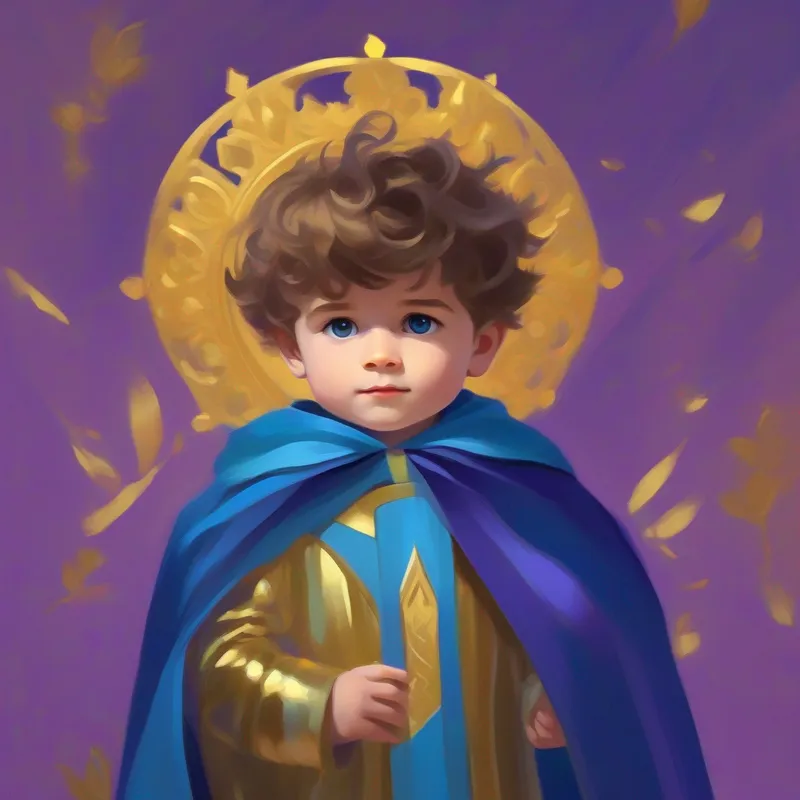 Il Un piccolo principe biondo con capelli biondi e occhi blu. è felice di esseUn re vestito con una corona dorata e un mantello viola. tornato a casa.