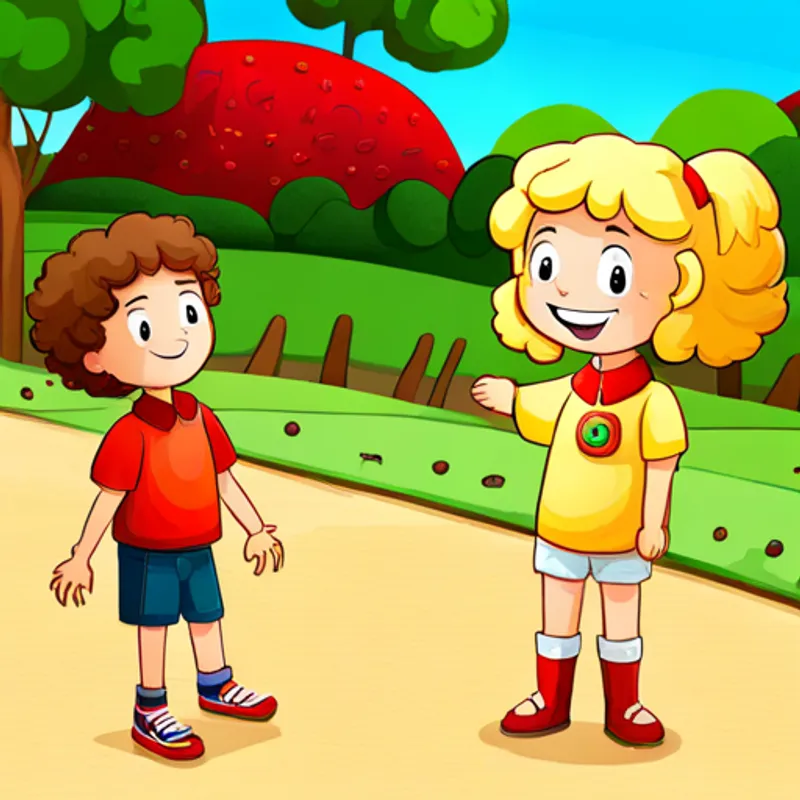 A 6-year-old girl with blonde hair and a big smile and A golden doodle with curly golden fur and a red collar holding hands, smiling brightly