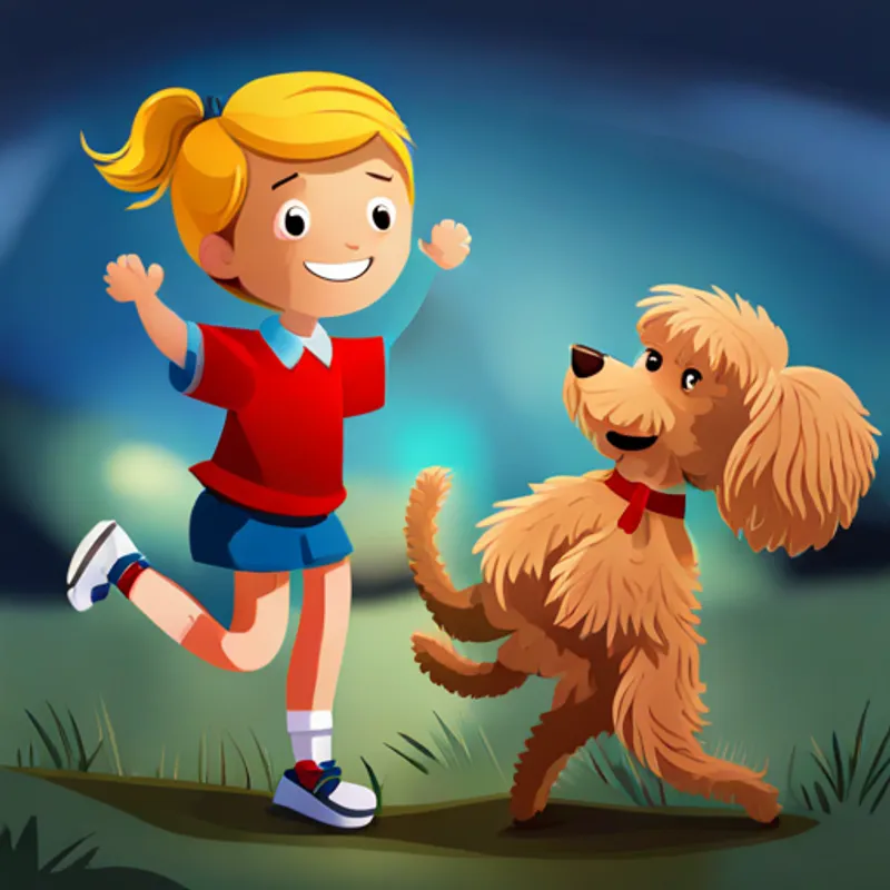 A 6-year-old girl with blonde hair and a big smile practicing cheer moves with A golden doodle with curly golden fur and a red collar cheering her on