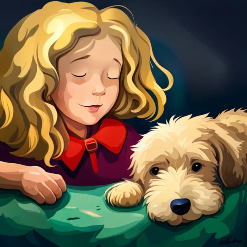 A 6-year-old girl with blonde hair and a big smile and A golden doodle with curly golden fur and a red collar sleeping contently, dreaming about future adventures