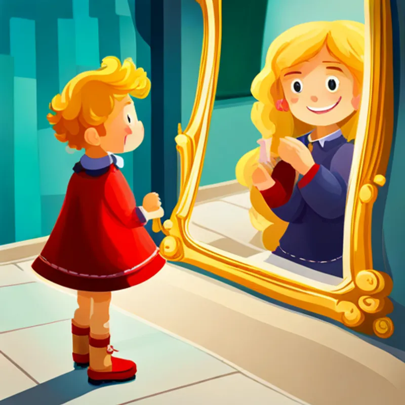 A 6-year-old girl with blonde hair and a big smile and A golden doodle with curly golden fur and a red collar practicing in front of a mirror