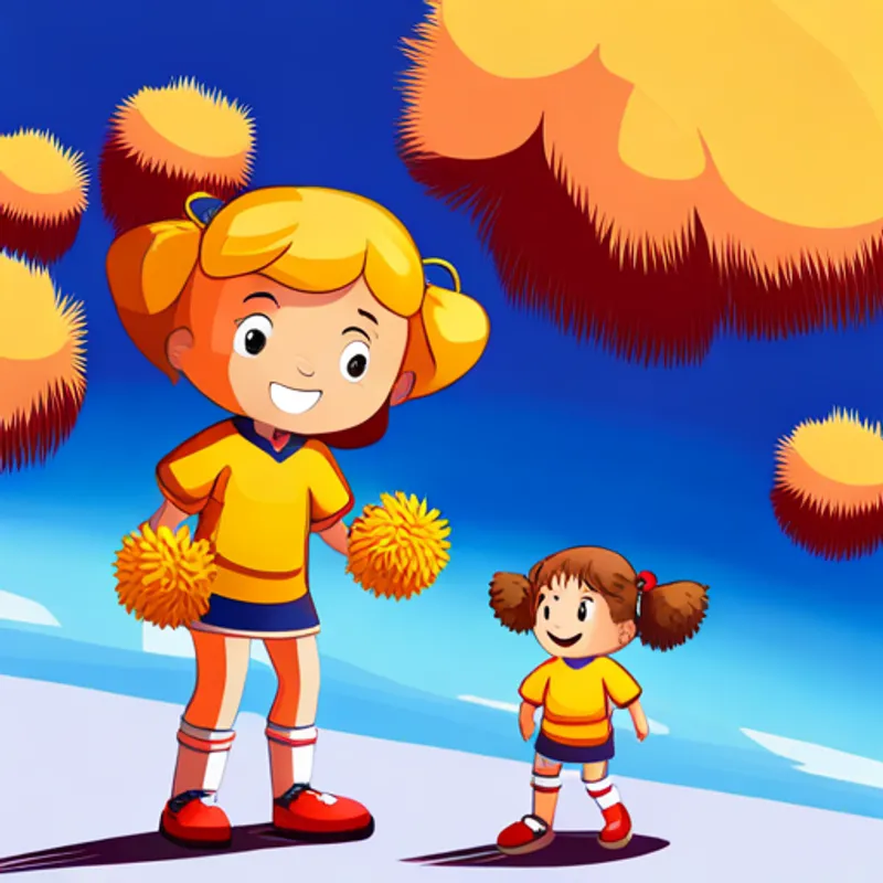 A 6-year-old girl with blonde hair and a big smile and A golden doodle with curly golden fur and a red collar in cheerleading uniforms, holding hands and looking focused