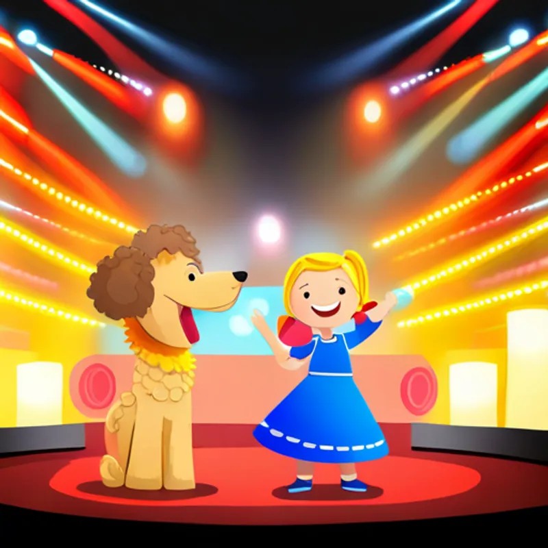 A 6-year-old girl with blonde hair and a big smile and A golden doodle with curly golden fur and a red collar performing on a big stage with colorful lights