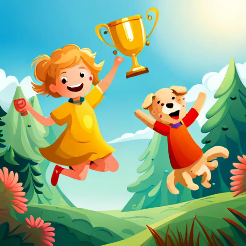 A 6-year-old girl with blonde hair and a big smile and A golden doodle with curly golden fur and a red collar jumping in joy, holding a trophy together