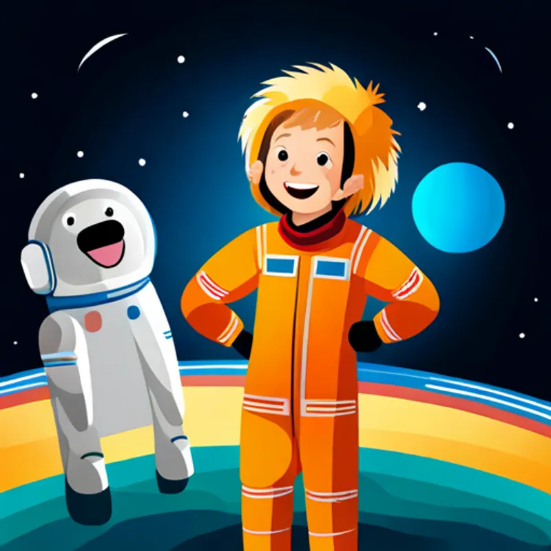 A 6-year-old girl with blonde hair and a big smile and A golden doodle with curly golden fur and a red collar in spacesuits, looking excited with a spaceship behind them