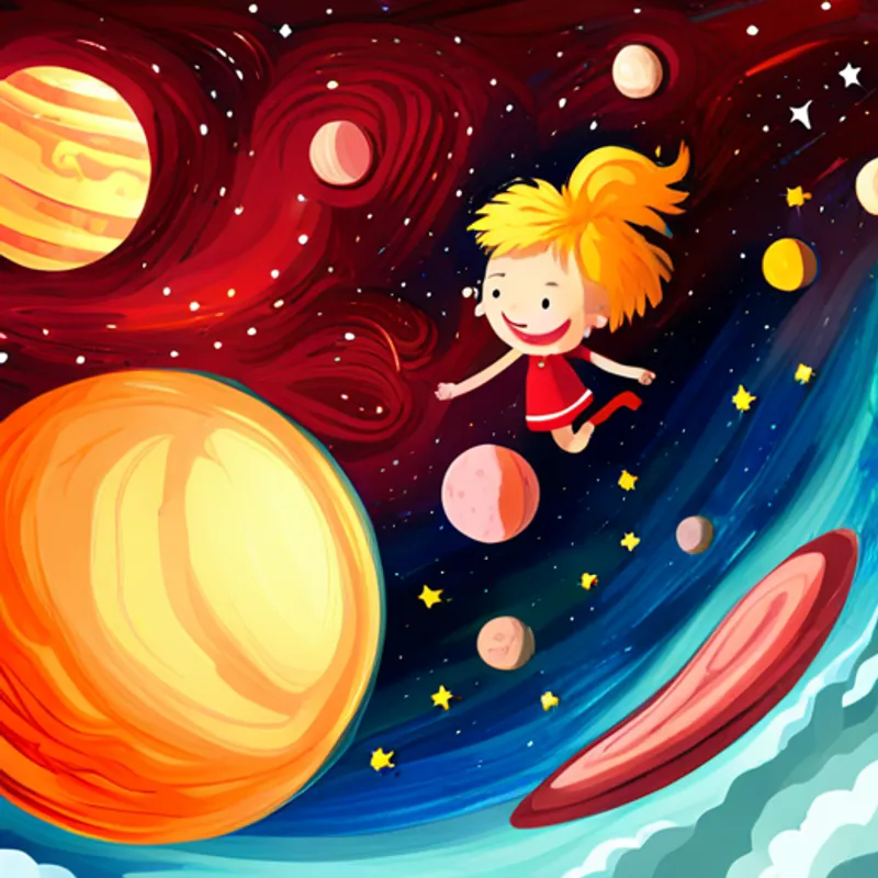 A 6-year-old girl with blonde hair and a big smile and A golden doodle with curly golden fur and a red collar floating in space, surrounded by stars and planets