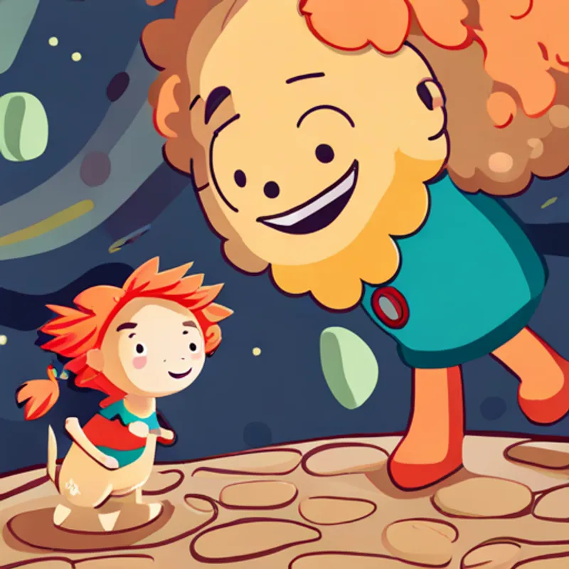 A 6-year-old girl with blonde hair and a big smile and A golden doodle with curly golden fur and a red collar guiding an alien with a big smile on their faces