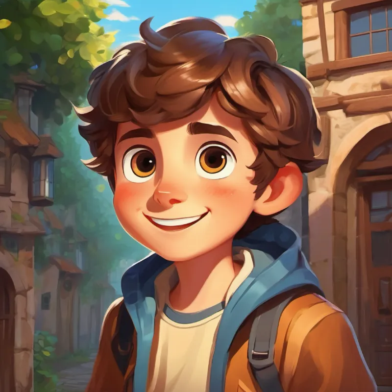 a boy with curious eyes and a bright smile, brown hair's fear, wise owl's tale, hidden treasure, cozy hometown.