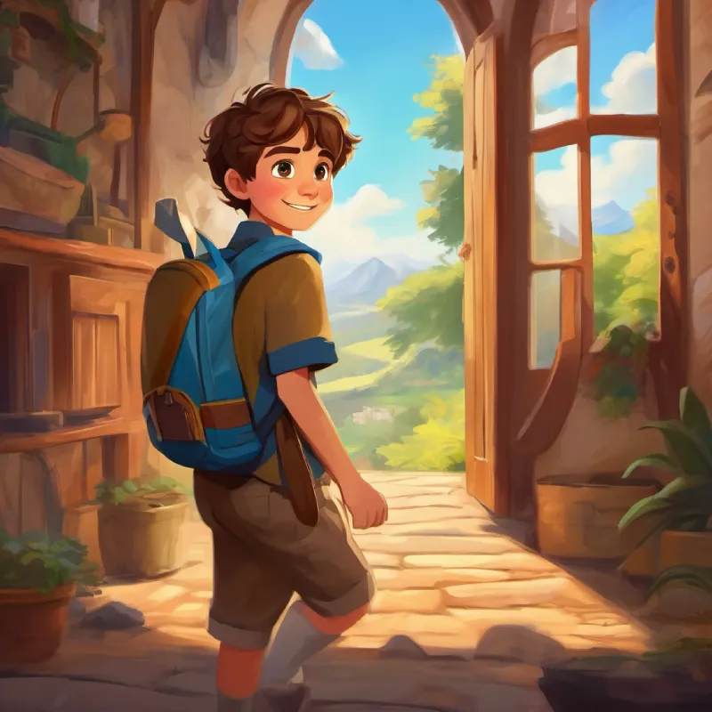 a boy with curious eyes and a bright smile, brown hair preparing for adventure, feeling scared but determined.