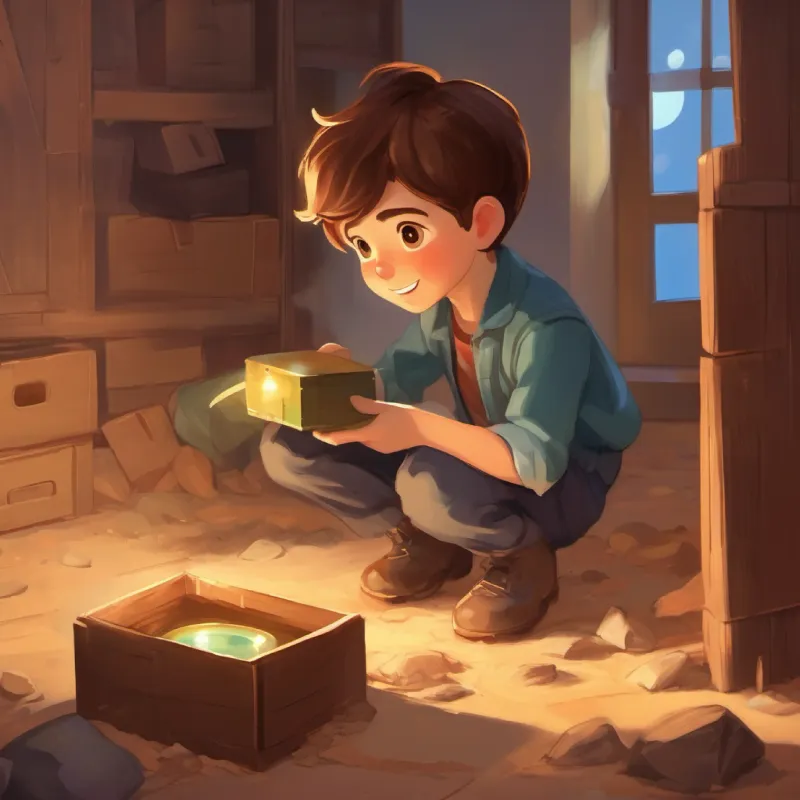 a boy with curious eyes and a bright smile, brown hair digging, finding a dusty box, discovering a mirror inside.