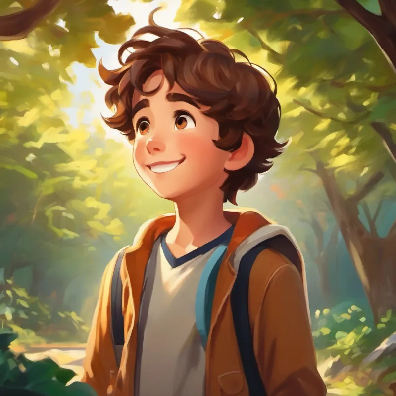 a boy with curious eyes and a bright smile, brown hair's return, sharing his journey, his friends' admiration.