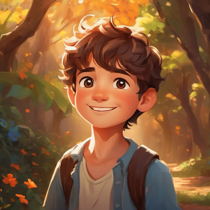 a boy with curious eyes and a bright smile, brown hair's newfound bravery, life changes, happy ending.