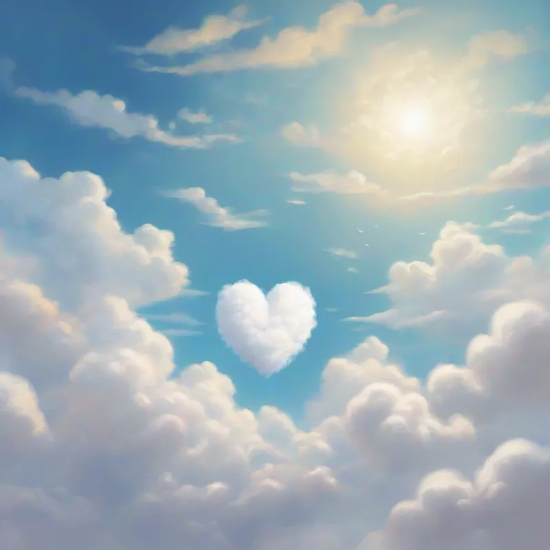 White, puffy cloud with a big smile and White, puffy cloud with a smaller smile forming a heart in the sky