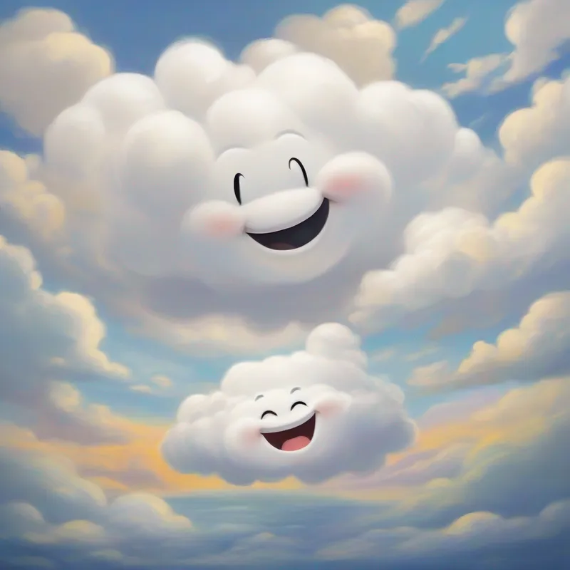 White, puffy cloud with a big smile and White, puffy cloud with a smaller smile laughing together with happiness