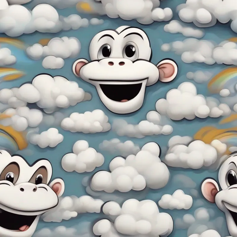 White, puffy cloud with a big smile and White, puffy cloud with a smaller smile forming a silly monkey shape