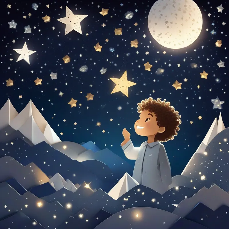 Little boy with curly hair and a big smile boy looking at stars and the Moon with a white glowing face and sparkly stars around in the night sky