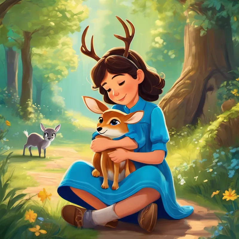 Amelia lived in a magical kingdom far, far away, where the sky always shone a brilliant shade of blue, and animals frolicked in harmony. She had a wonderful life with loving parents, a mischievous cat named Whiskers, and cherished friends. One day, Amelia received some heartbreaking news. Her best friend, a gentle deer named Daisy, had passed away. She felt a tight knot of sadness engulfing her, tears streaming down her face. Amelia didn't quite know how to cope with this new feeling of grief.