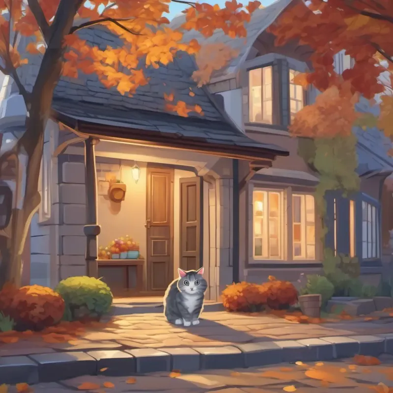 A cozy house on a quiet street in autumn with a playful and adventurous gray tabby cat.