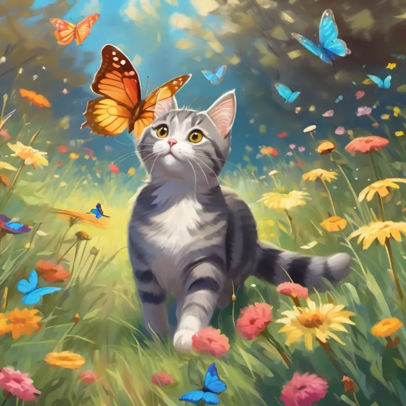 A curious gray tabby cat chasing bright, colorful butterflies in a sunlit meadow.