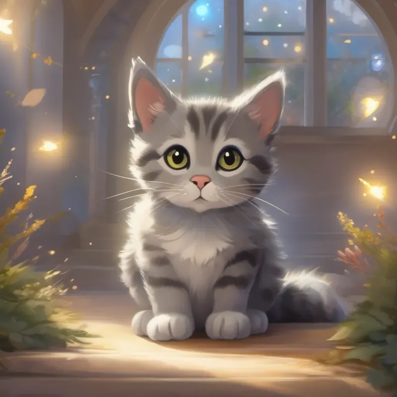 A heartwarming scene of a gray tabby cat surrounded by a halo of light, symbolizing his pure heart and adventurous spirit.