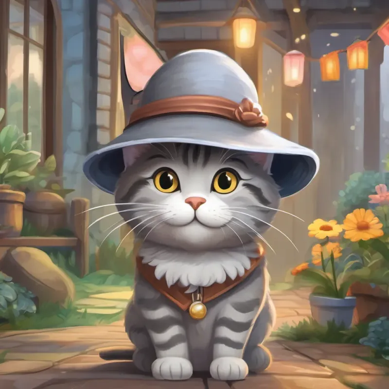 A whimsical closing scene of the gray tabby cat with a hat, suggesting that adventures and magic are always around the corner.