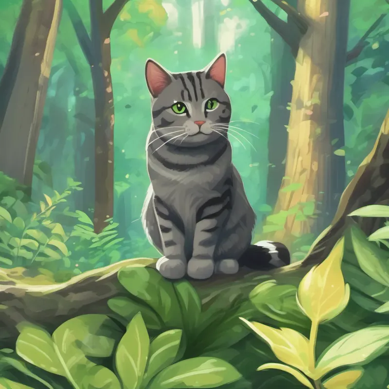 Gray tabby cat in a mystical and lush green forest with whispering trees and rustling leaves.