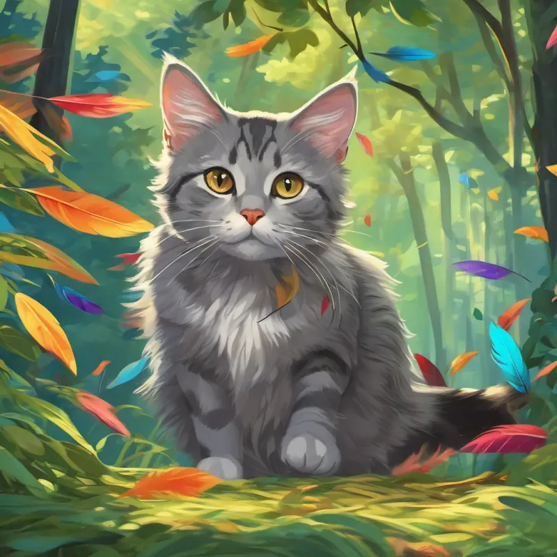 A mischievous gray tabby cat crouching and peeking at a colorful feather falling from a bird in a lush, vibrant forest.
