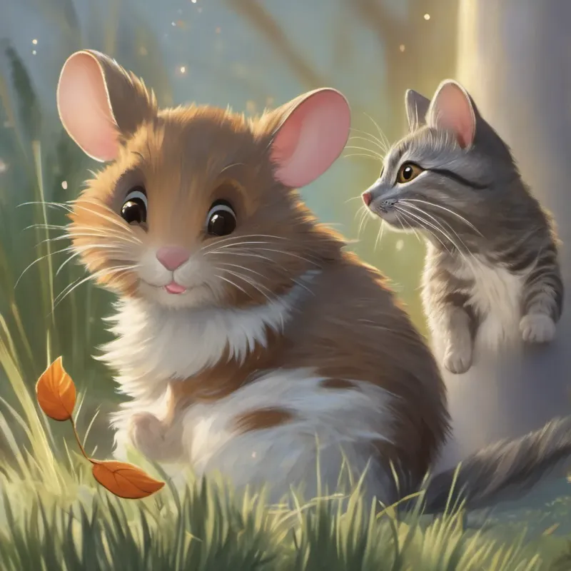 A friendly brown mouse with sparkling eyes speaking to the gray tabby cat as the mouse retrieves a bright feather.