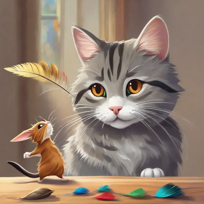 Friendly exchange between a joyful gray tabby cat and a small brown mouse, handing back the colorful feather.