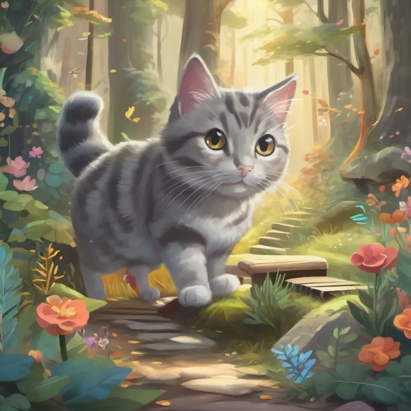 A joyful gray tabby cat wandering through the enchanting forest, surrounded by musical and magical elements.