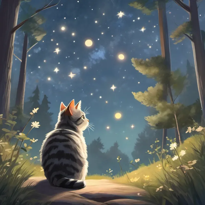 A peaceful night scene in the forest with a gray tabby cat looking up at the twinkling stars, feeling content.