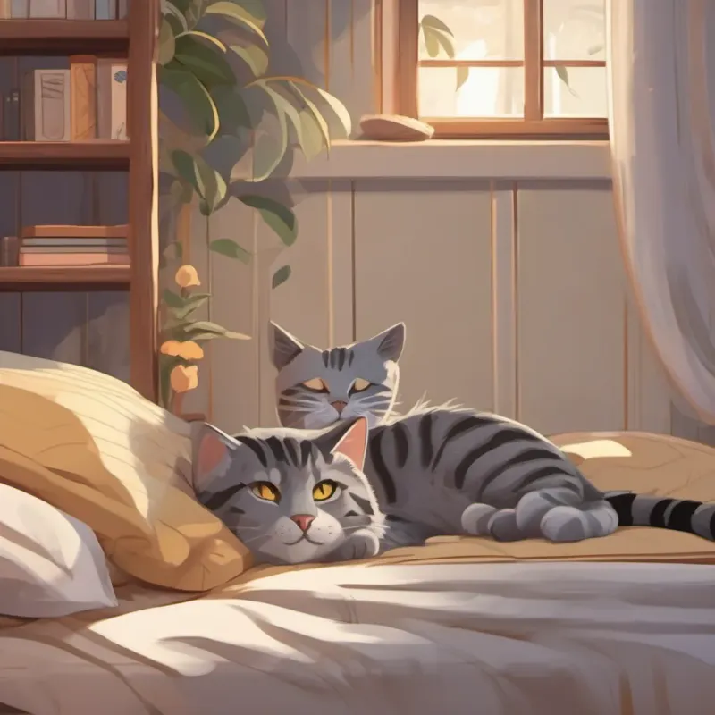 A cozy bedroom scene with a gray tabby cat curled up in bed, dreaming of his adventure.