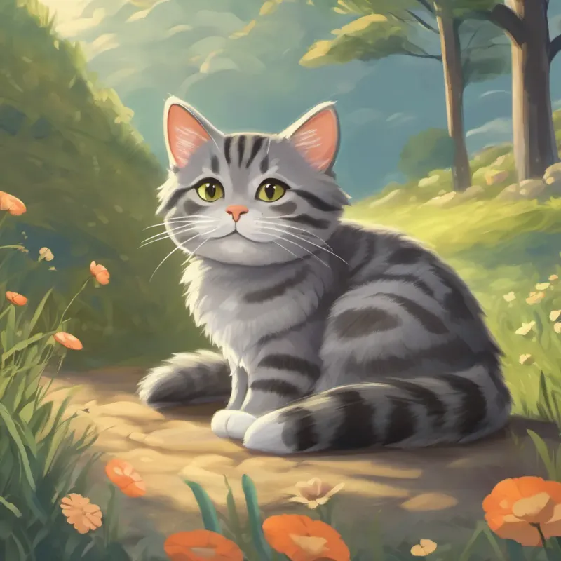 A sleepy gray tabby cat smiling in his dream, envisioning new adventures in fields, forests, and hills.