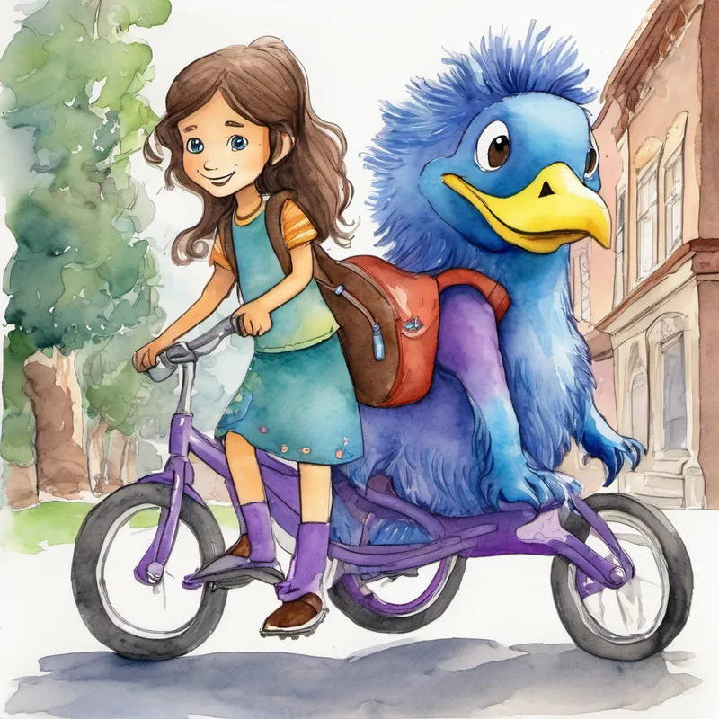 A 9-year-old girl with long brown hair with long brown hair, riding a purple bike. A cute blue creature who is Lexi's best friend, a blue creature, riding with A 9-year-old girl with long brown hair on the bike. A 9-year-old girl with long brown hair's backpack full of Chicken McNuggets.